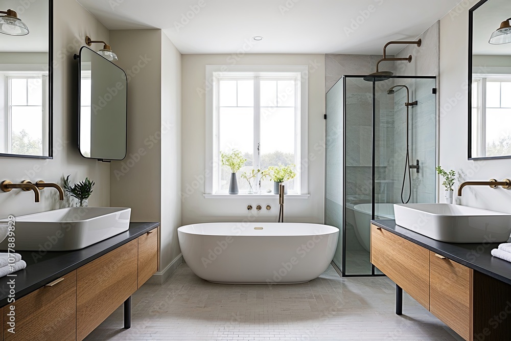 Scandinavian Inspired Bathroom Design Featuring Trendy Vanity Double Basin Luxurious Tub and Minimalist Shower Scandinavian Inspired Bathroom Design Featuring Trendy Vanity Double Basin Luxurious Tub and Minimalist Shower