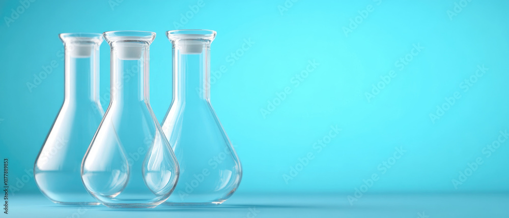 Laboratory Glassware Display, vibrant blue backdrop enhances the clarity and reflections of various glass instruments, showcasing scientific elegance. Laboratory Glassware Display, vibrant blue backdrop enhances the clarity and reflections of various glass instruments, showcasing scientific elegance.