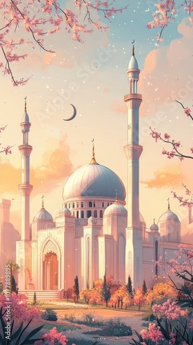 A Mosque Surrounded by Blooming Trees and a Crescent Moon photo