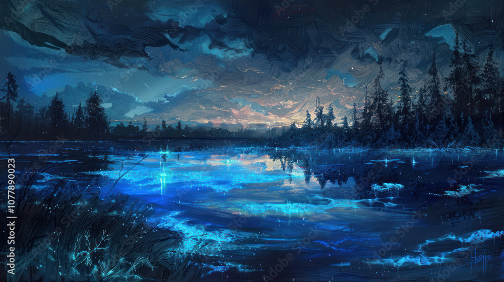 A serene lake with shimmering bioluminescent algae lighting up the water, creating an otherworldly glow against the night A serene lake with shimmering bioluminescent algae lighting up the water, creating an otherworldly glow against the night
