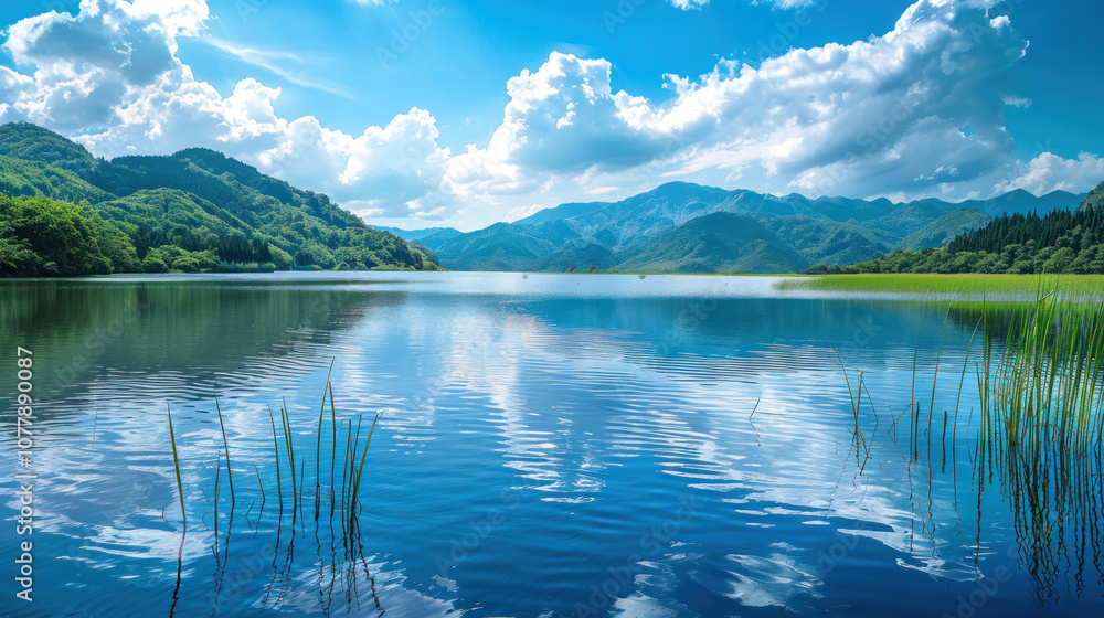 Naklejka premium A serene lake with the blue sky reflected perfectly on the water, creating a seamless blend of water and sky