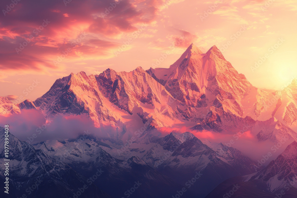 A serene mountain sunset with the sky glowing in warm colors, reflecting off the snow-capped peaks. A serene mountain sunset with the sky glowing in warm colors, reflecting off the snow-capped peaks.
