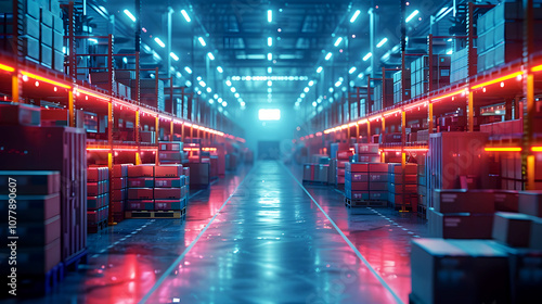 Automated Logistics Warehouse with Neon Lighting