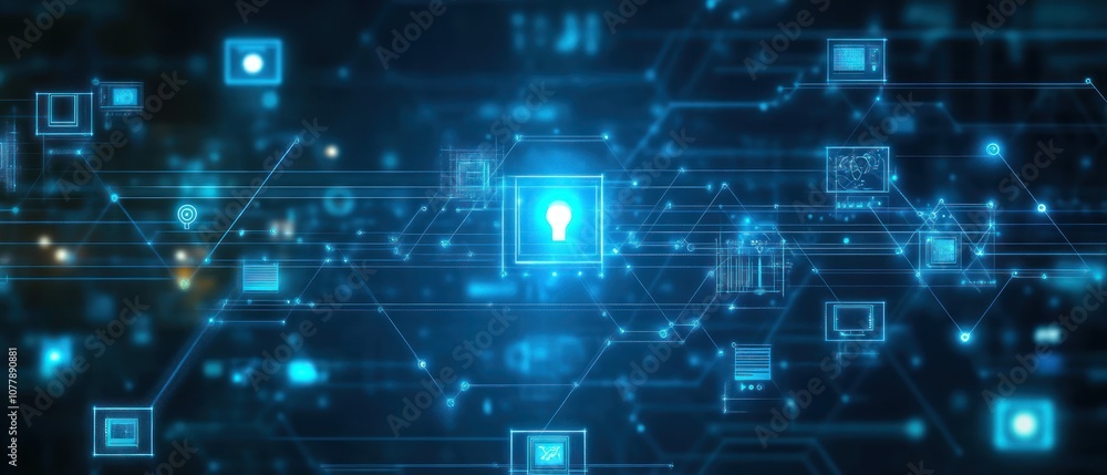 Abstract digital network with a key symbol, representing cybersecurity and data protection. Abstract digital network with a key symbol, representing cybersecurity and data protection.