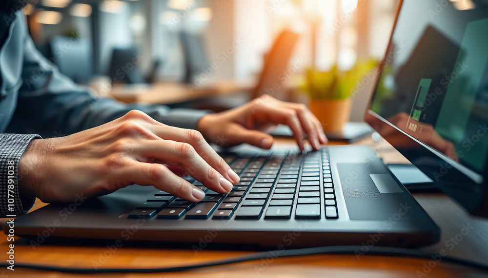Focus on hands typing on keyboard, close-up of professional typing on a computer. Suitable for marketing or business purposes. Panoramic banner with place for text Focus on hands typing on keyboard, close-up of professional typing on a computer. Suitable for marketing or business purposes. Panoramic banner with place for text
