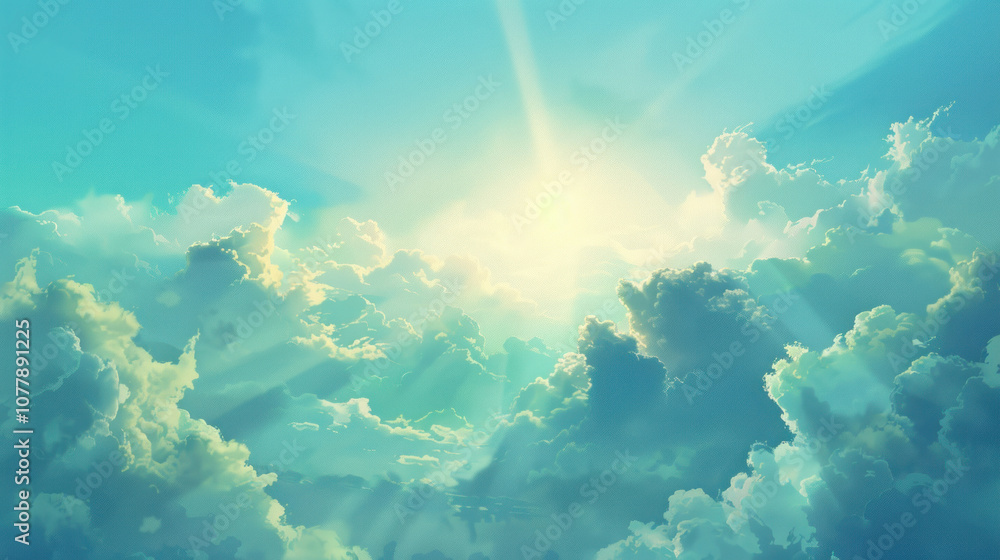 A serene sky with the sun peeking through soft clouds, illuminating the landscape below with gentle light A serene sky with the sun peeking through soft clouds, illuminating the landscape below with gentle light