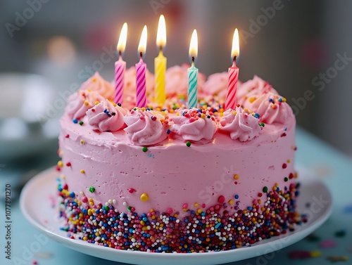 Birthday cake with pastel pink frosting, rainbow sprinkles, and colorful lit candles, creating a cheerful celebration scene on a marble surface.