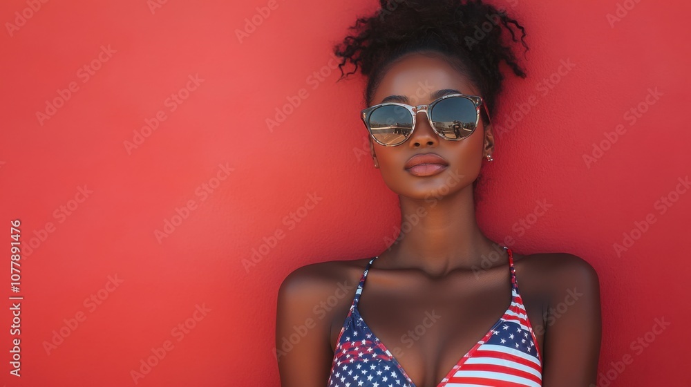 Woman in bikini with sunglasses on red wall Woman in bikini with sunglasses on red wall
