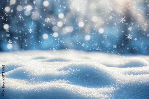 Beautiful and romantic winter background with snowdrift, snowflake and light bokeh in snowing day