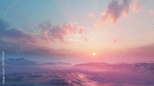 A serene sunrise in a remote, isolated area, the sky painted with soft colors as the day begins.