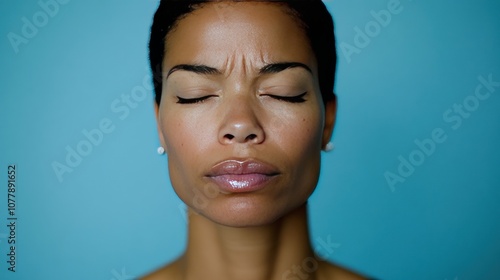 A serene portrait of a woman with closed eyes against a blue background.