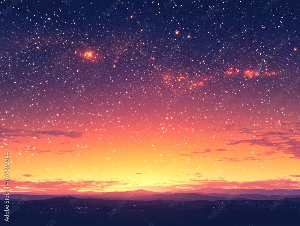 Fototapeta premium Capture the beauty of a dreamy twilight sky adorned with soft golden stars in watercolor style