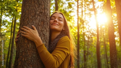 Woman hugging a tree in the forest, nature care concept