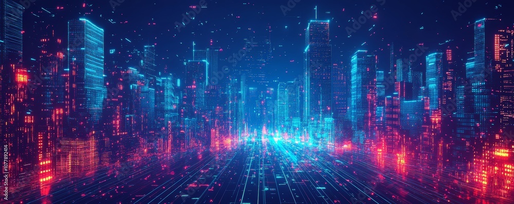 Fototapeta premium Digital city skyline with glowing neon lights.