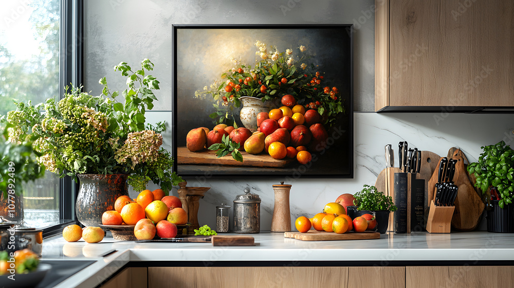 A framed print on a beige and white kitchen countertop, complementing a modern, minimalist kitchen design; soft neutral tones enhance a calm and stylish aesthetic, creating an inviting cooking space w A framed print on a beige and white kitchen countertop, complementing a modern, minimalist kitchen design; soft neutral tones enhance a calm and stylish aesthetic, creating an inviting cooking space w
