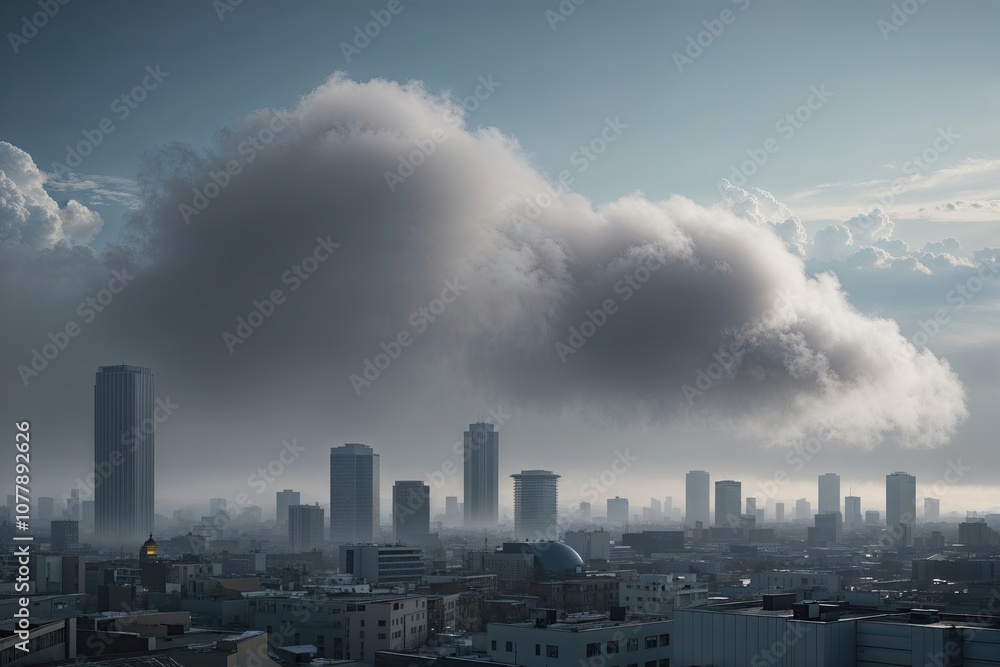 Three Dimensional Illustration of Urban Landscape with Subtle Gray Misty Clouds Three Dimensional Illustration of Urban Landscape with Subtle Gray Misty Clouds