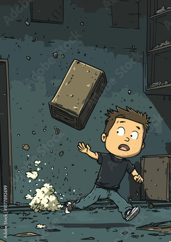 Animated comic character dodging falling brick in abandoned building, dramatic action scene, cartoon style, dynamic illustration capturing movement and emotion