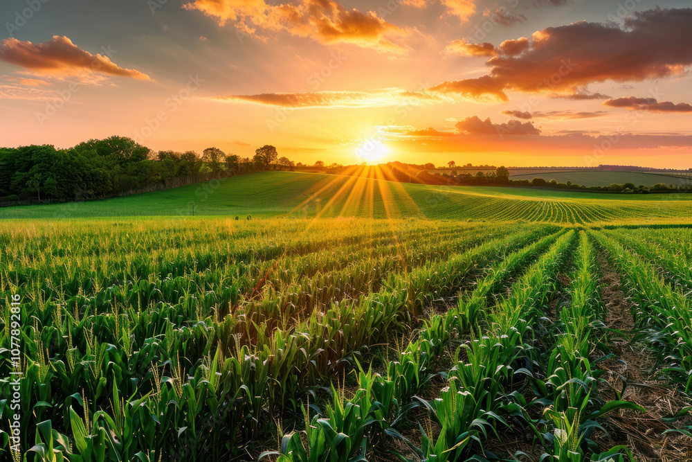 A serene sunset over expansive fields, with the last rays of sunlight casting a soft glow over the crops. A serene sunset over expansive fields, with the last rays of sunlight casting a soft glow over the crops.
