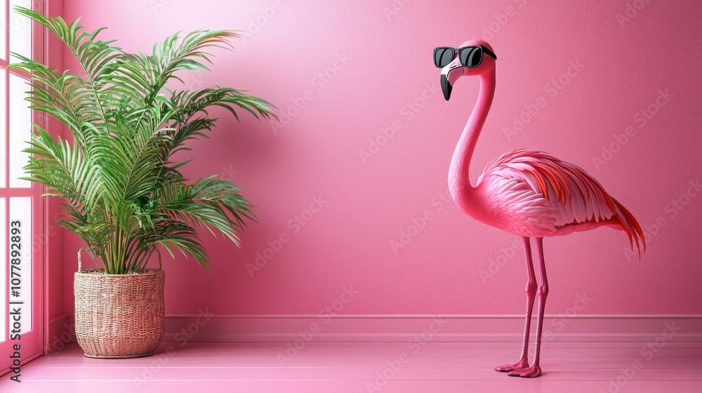 Obraz premium Discover the stylish flamingo rocking cool sunglasses against a vibrant solid color background