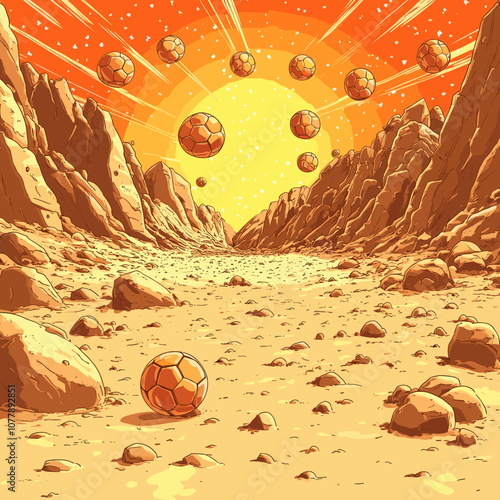 Surreal Martian Landscape with Floating Soccer Balls, Dramatic Sunset, Deserted Rocky Terrain, Futuristic Vision Art, Vibrant Orange Sky, Sci-Fi Illustration