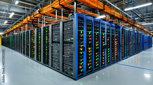 Server Room with Orange Cables and Blue Cabinets - Realistic Image