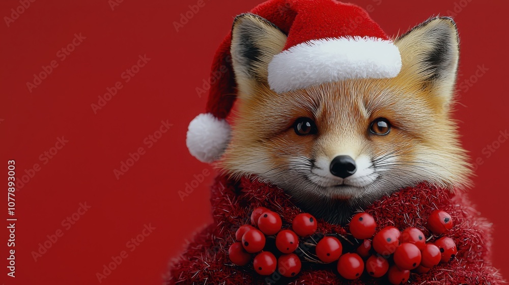 Charming fox dons stylish accessories and a santa hat against a vibrant solid background Charming fox dons stylish accessories and a santa hat against a vibrant solid background