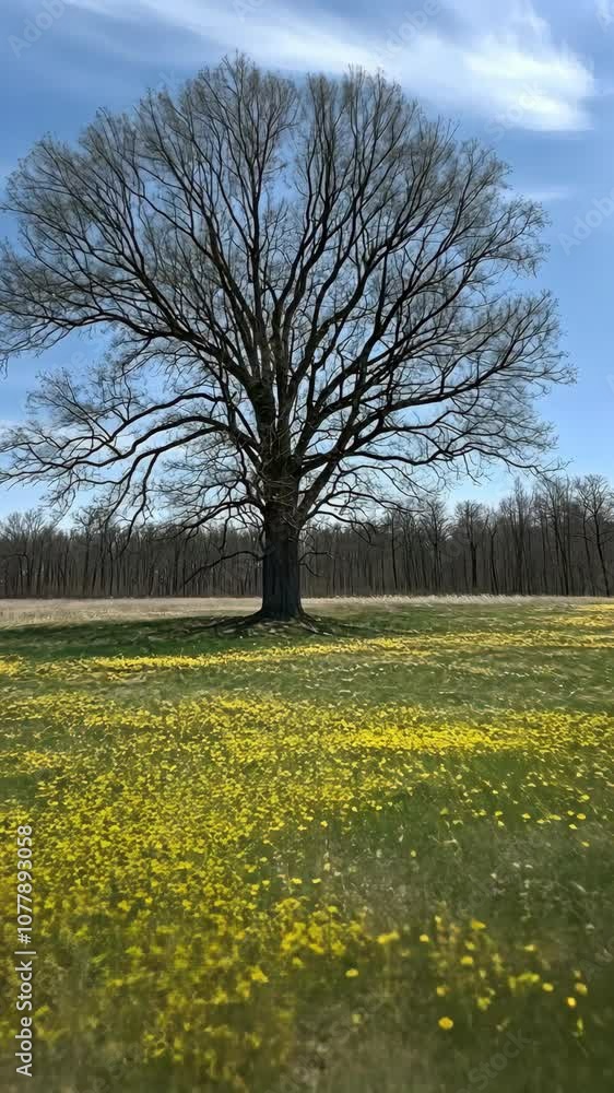 A lone tree stands tall against a backdrop of bright blue sky and a field of yellow wildflowers A lone tree stands tall against a backdrop of bright blue sky and a field of yellow wildflowers