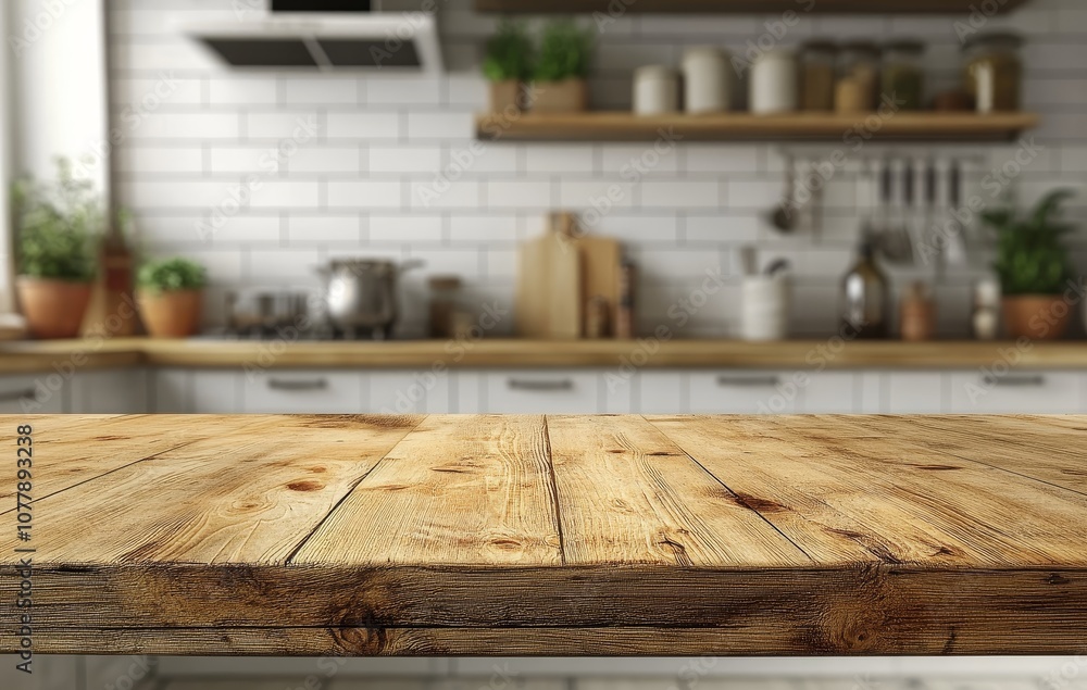 Wooden table top with blurred kitchen background. Wooden table top with blurred kitchen background.