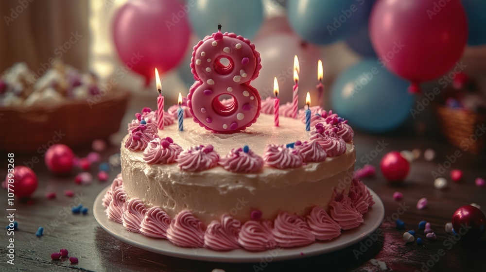 Birthday cake with pink frosting and number eight candle. Birthday cake with pink frosting and number eight candle.