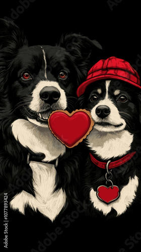 Charming black and white dogs holding red heart shape, detailed illustration of cute puppies wearing hat, love theme art for Valentine's Day and pet lovers