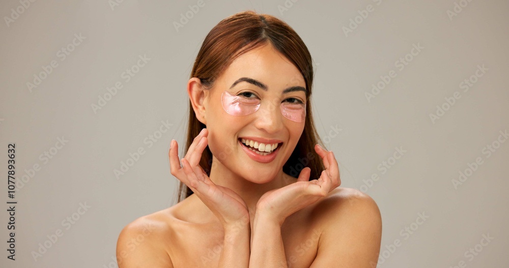 Portrait, smile and woman with cream, cosmetics and dermatology on gray studio background. Person, model and girl with skincare, aesthetic and cheerful with creme, healthy skin and grooming routine Portrait, smile and woman with cream, cosmetics and dermatology on gray studio background. Person, model and girl with skincare, aesthetic and cheerful with creme, healthy skin and grooming routine