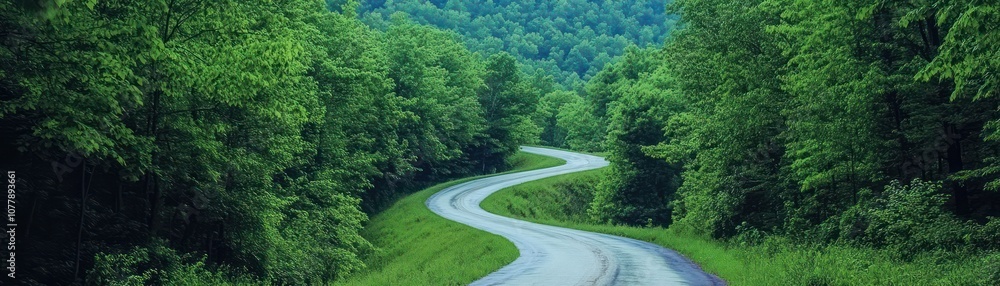 A winding road through lush green forested hills under a clear sky. A winding road through lush green forested hills under a clear sky.