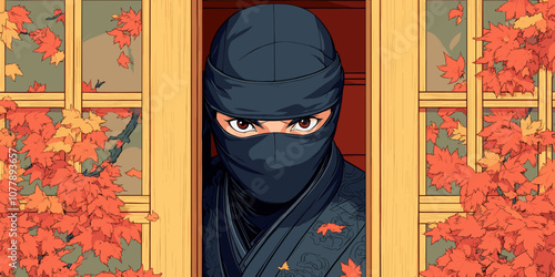 Mysterious Ninja in Autumn-Themed Anime Artwork: Masked Warrior with Intense Eyes Amidst Vibrant Fall Leaves Framing Traditional Wooden Doorway Japanese Culture