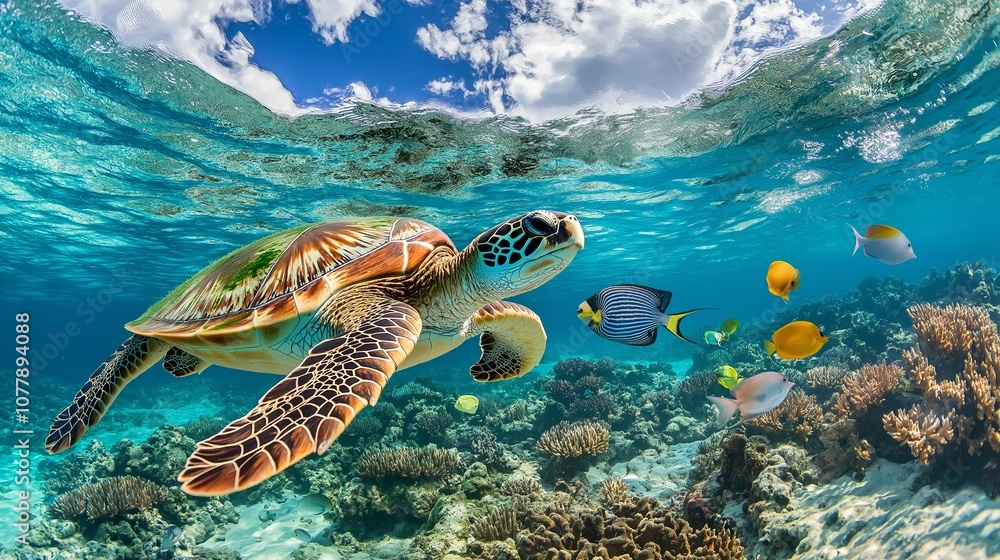 Fototapeta premium green turtle swimming in the sea, underwater scene with turtle and tropical fish 