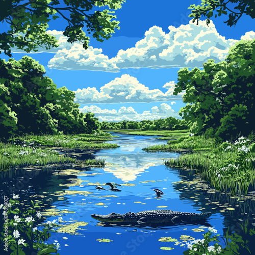 Serene Wetland Scene with Lush Green Foliage, Majestic Clouds, Crocodile in Tranquil Water, and Birds in Vibrant Blue Sky Captures the Beauty of Nature