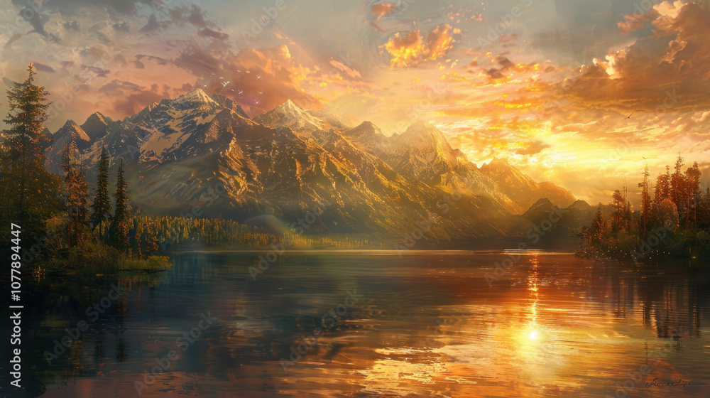 Fototapeta premium A sprawling lake landscape with a distant mountain range, the sun setting behind the peaks, casting a golden glow on the water