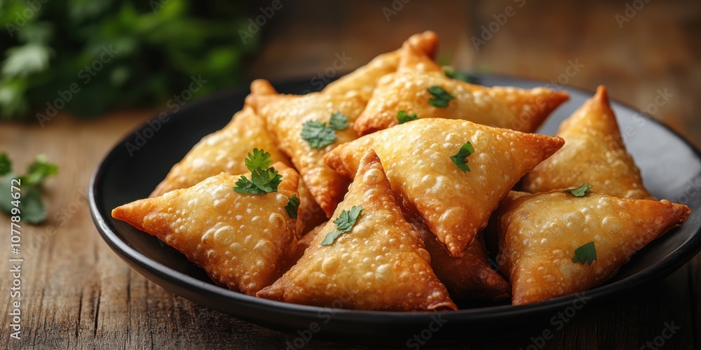 Freshly fried samosas with cilantro on dark plate