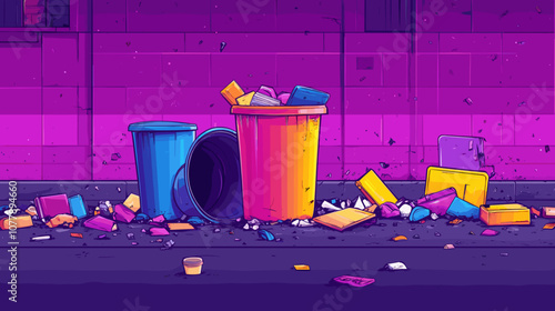 Vibrant Urban Graffiti Wall with Colorful Garbage Bins and Littered Street Scene Featuring Neon Pink and Blue Accents in a Grungy City Setting