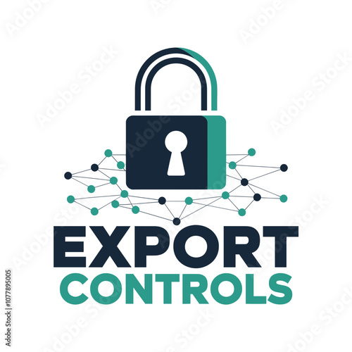 Secure Export Controls Logo with Padlock Icon and Networking Nodes for Business Compliance and Data Security Solutions in Trade and Logistics Industry