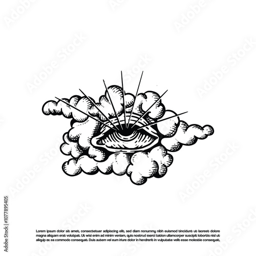 Vintage retro hand drawn all seeing eye in the cloud vector, Shinning eye illustration