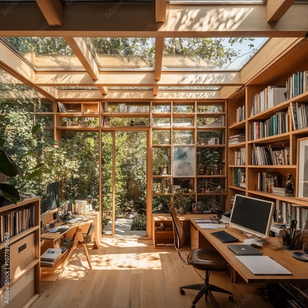 Fototapeta premium A modern home office with a glass roof, wooden shelves, and a view of a lush garden.