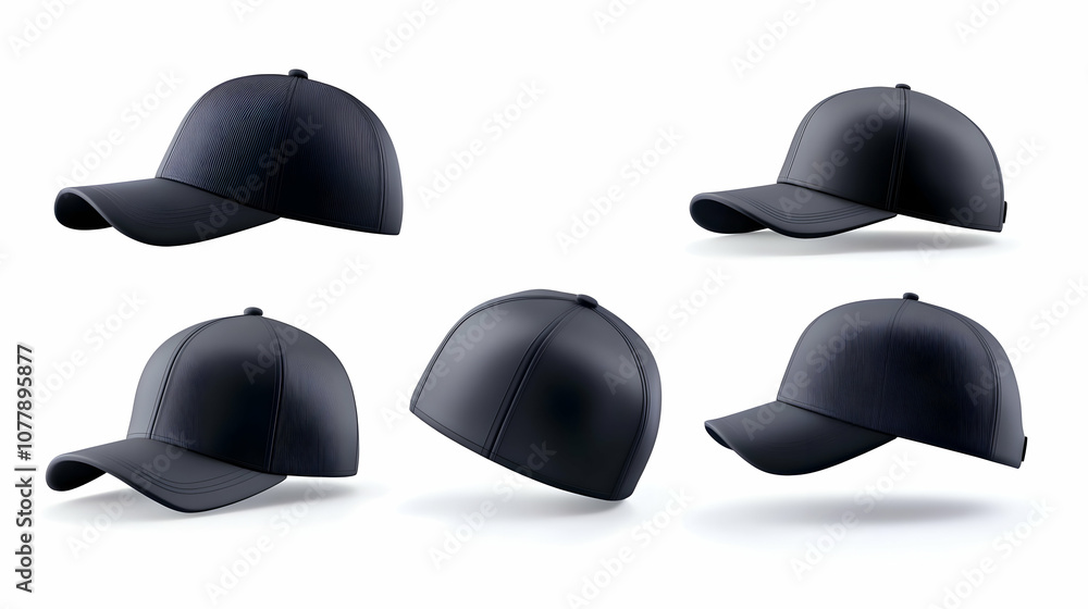Realistic 3D mockup set of black caps, including sport baseball caps Realistic 3D mockup set of black caps, including sport baseball caps