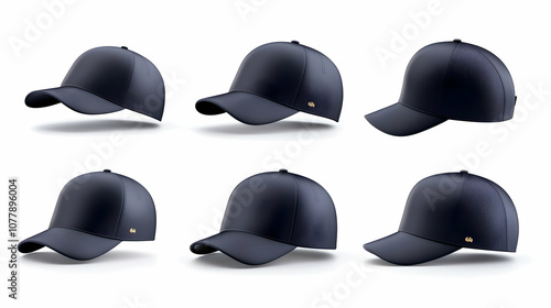 ​Realistic 3D mockup set of black caps, including sport baseball caps