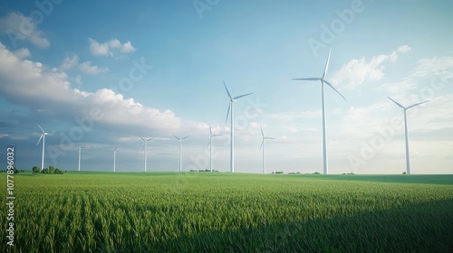 A landscape featuring multiple wind turbines in a green field under a blue sky. photo