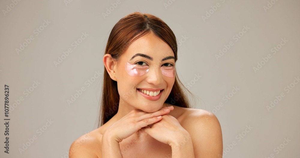 Portrait, smile and woman with eye patches, dermatology and healthy skin on gray studio background. Happy person, model or girl with aesthetic, cosmetics or shine with cotton pads or grooming routine Portrait, smile and woman with eye patches, dermatology and healthy skin on gray studio background. Happy person, model or girl with aesthetic, cosmetics or shine with cotton pads or grooming routine