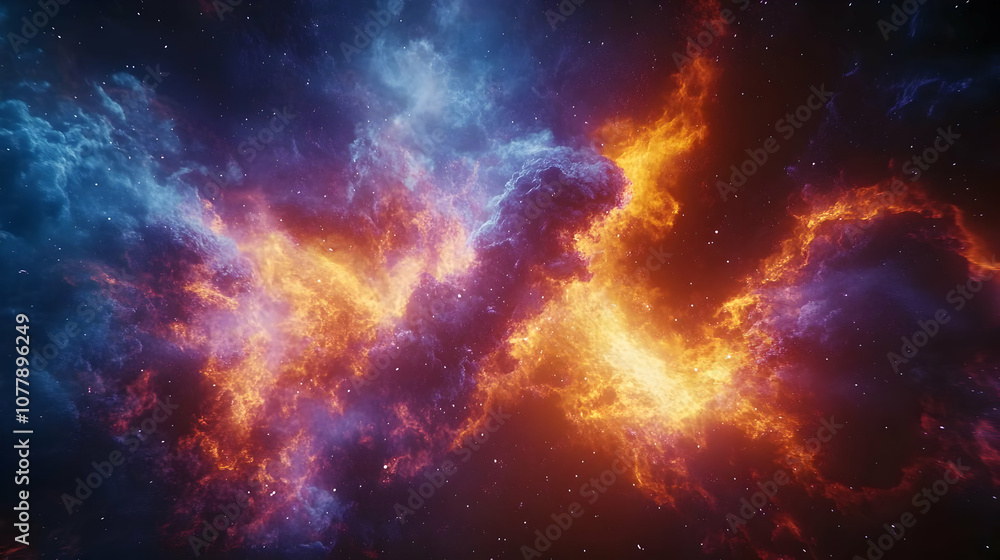 Fototapeta premium Cosmic Nebula Illustration - Fiery and Blue Clouds in Space