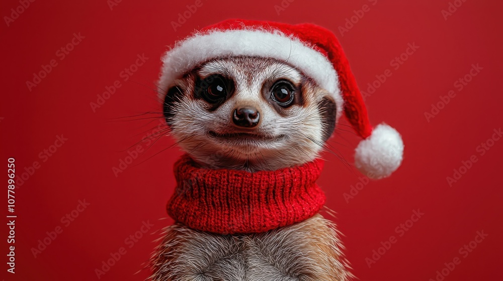 Cheerful meerkat wearing stylish accessories and a santa hat spreads holiday joy Cheerful meerkat wearing stylish accessories and a santa hat spreads holiday joy