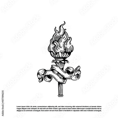 Vintage retro hand drawn torch flame with ribbon vector illustration