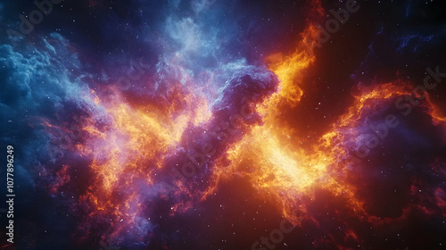 Cosmic Nebula Illustration - Fiery and Blue Clouds in Space