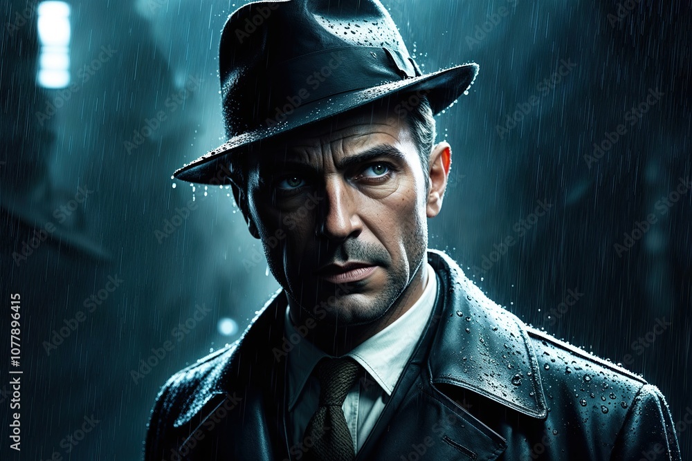 40s Detective Portrait in Rain and Shadow with Noir Intrigue and Cinematic Aged Style 40s Detective Portrait in Rain and Shadow with Noir Intrigue and Cinematic Aged Style